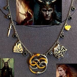 “Loki: God of Mischief" Norse Mythology Handmade Necklace, Snakes, Fire, Dagger